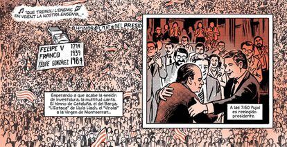 Suport popular a Jordi Pujol per la querella sobre Banca Catalana i la seva investidura, el 1984, segons el còmic.
