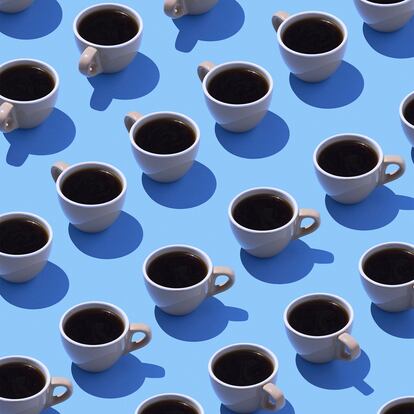 Coffee cups on light blue ground, 3D Rendering