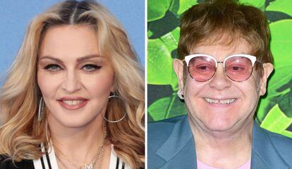 Los cantantes Madonna y Elton John.