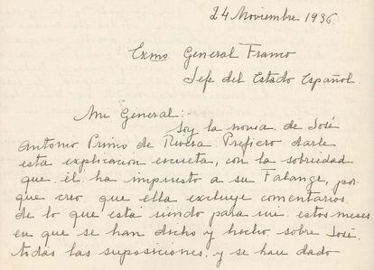 Fragmento de la carta de María Santos Kant a Franco.