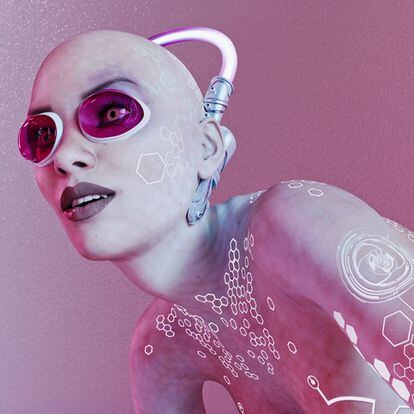 Futuristic woman with pink goggles and glowing interactive tattoos crouches on floor