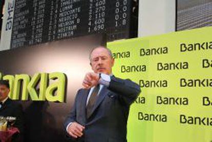 El ex presidente de Bankia, Rodrigo Rato, durante el acto de estreno burs&aacute;til de la entidad.