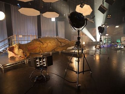 Colosal reproducción de un T. Rex en el plató donde se ha rodado un documental que recrea la autopsia a un tiranosaurio.