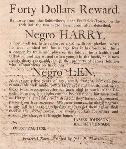 One of the advertisements in the press that offered a reward for the arrest of two escaped slaves.