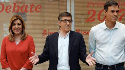 Los candidatos a la Secretar&iacute;a General del PSOE Susana D&iacute;az, Patxi L&oacute;pez y Pedro S&aacute;nchez antes del debate. 