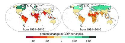 Variación del PIB per cápita afectado por el cambio climático. Las diferencias entre ambos mapas se deben a la falta de datos anteriores a 1991 de varios países.