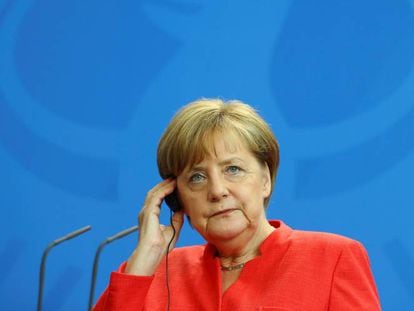 La canciller alemana, Angela Merkel, el mi&eacute;rcoles en Berl&iacute;n en una rueda de prensa
