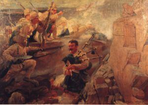 La carga de los Highlanders y los gurkas en Dargai, con el gaitero Findlater (VC) tocando herido en las piernas.