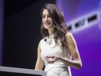 L'advocada Amal Clooney, durant la seva intervenció en la conferència d'obertura del congrés de SAP Ariba Live a Barcelona.