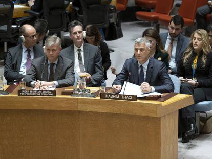 El presidente de Kosovo, Hashim Thaci, este lunes en una reunión del Consejo de Seguridad de la ONU.