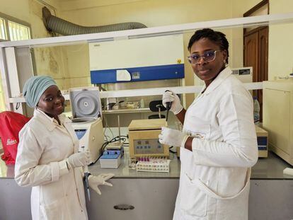 Daïrou Hadidjatou (izquierda) y Sabine Fanta (derecha) en un laboratorio del Instituto de Investigaciones Médicas y Estudios de Plantas Medicinales, en Yaondé (Camerún).