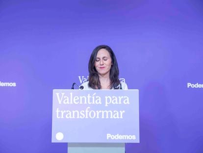 Ione Belarra, secretaria general de Podemos, comparece en la sede de su partido este lunes.