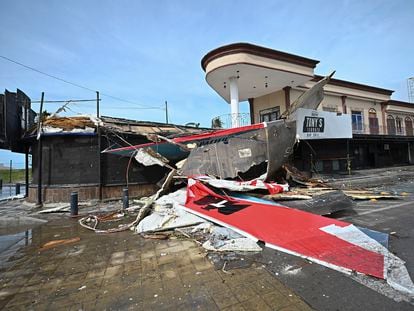 A bar with a patio lays in ruins after the passing of Hurricane Pamela in Mazatlan, Mexico, Wednesday, Oct. 13, 2021. Hurricane Pamela made landfall on Mexico's Pacific coast just north of Mazatlan on Wednesday, bringing high winds and rain to the port city. (AP Photo/Roberto Echeagaray)