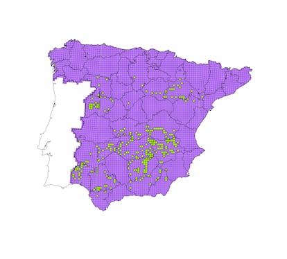 In green, the grids in which butterfly data have never been recorded.