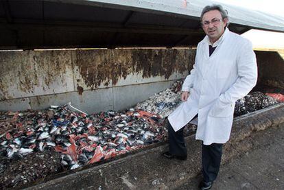 José Cook, portavoz de la compañía INCOAS, ante un depósito con los restos de pescado que se procesan en la planta.