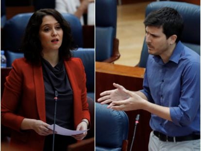 La presidenta autonómica, Isabel Díaz Ayuso, y el portavoz de Más Madrid, Pablo Gómez Perpinyà, durante su intervención en el pleno celebrado este jueves en la Asamblea de Madrid. En vídeo, la intervención del presidente de la Cámara / GTRES. J.J.GUILLÉN (EFE)