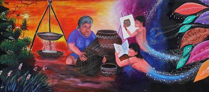 Otro mural de alumnos en la Institución educativa de la comunidad nativa huitoto de Putumayo.