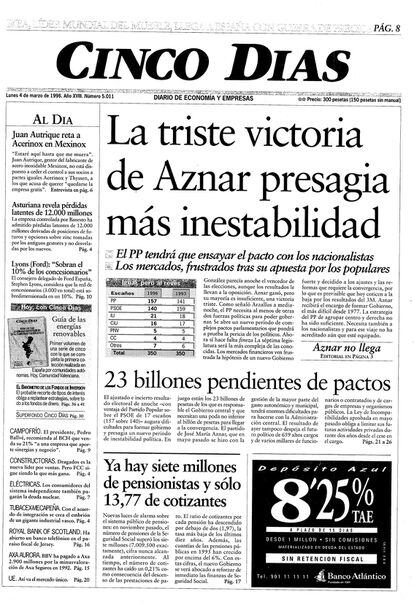 1996: la derecha vuelve al Gobierno. José María Aznar lleva al Partido Popular al Gobierno tras cuatro legislaturas consecutivas del Partido Socialista de Felipe González. Culmina las privatizaciones, liberaliza la economía, baja los impuestos, equilibra las finanzas públicas y consuma la integración en la Unión Monetaria Europea.