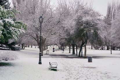 Un parque cubierto de nieve, este miércoles, en Vitoria (País Vasco).
