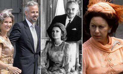 De izquierda a derecha, Marta Luisa de Noruega y Ari Behn; Rainiero de Mónaco y Grace Kelly y la princesa Margarita de Inglaterra.