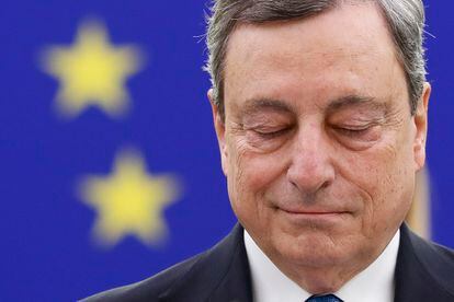 El primer ministro italiano Mario Draghi durante su intervención en el Parlamento Europeo de Estrasburgo, este martes.