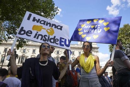 Manifestantes contrarios al Brexit, frente al Parlamento británico.