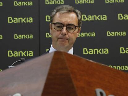 El consejero delegado de Bankia, Jos&eacute; Sevilla, durante la presentaci&oacute;n hoy de los resultados de la entidad en el primer trimestre de 2017, donde ha anunciado que ganaron 304 millones de euros, un 28,4 % m&aacute;s.