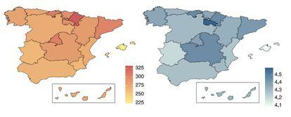 Mapas de la diversidad del microbioma español por regiones, según los índices ASV Observados (izquierda) y Shannon. En colores más oscuros, las zonas con mayor riqueza de microorganismos.