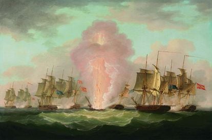 Óleo de la explosión de la fragata española Nuestra Señora de las Mercedes, el 5 de octubre de 1804.