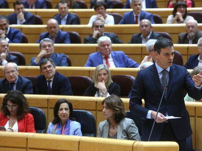 El presidente del Gobierno, Pedro Sánchez, durante su intervención en la sesión de control en el Senado.