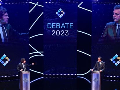 Javier Milei, a la izquierda, y Sergio Massa, durante el último debate presidencial, el domingo en Buenos Aires.