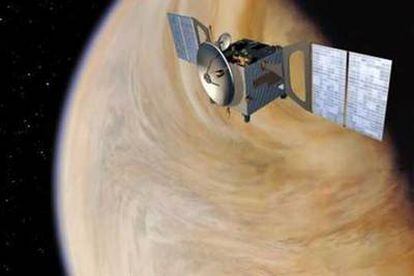 Ilustración de la nave <i>Venus Express</i> en órbita del planeta Venus.