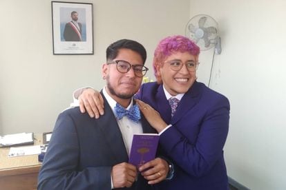 Rodrigo Ventocilla and Sebastián Marellano, during their civil marriage, on May 24, 2022, in Chile.