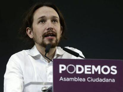 El l&iacute;der de Podemos, Pablo Iglesias, interviene durante el acto de clausura de la Asamblea Ciudadana.