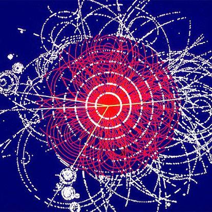 Simulación del detector Atlas del acelerador LHC en la que una partícula Higgs se desintegra en cuatro muones.