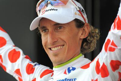 Franco Pellizotti con el <i>maillot</i> de líder de la montaña del Tour de Francia.