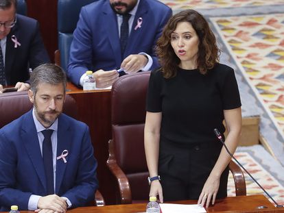 La president de Madrid, Isabel Díaz Ayuso, durante su intervención este jueves en el pleno de la Asamblea. Los diputados de su grupo portan un lazo rosa por el Día contra el Cáncer de Mama.