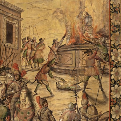 Detalle de una tabla enconchada que refleja la destrucción de Tenochtitlan, realizada en 1698 por los artistas Juan González y Miguel González.