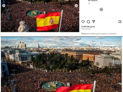 Arriba, la foto difundida este domingo por la presidenta de la Comunidad de Madrid en su Instagram. Abajo, la imagen publicada por EL PAÍS de una manifestación celebrada el pasado 21 de enero.