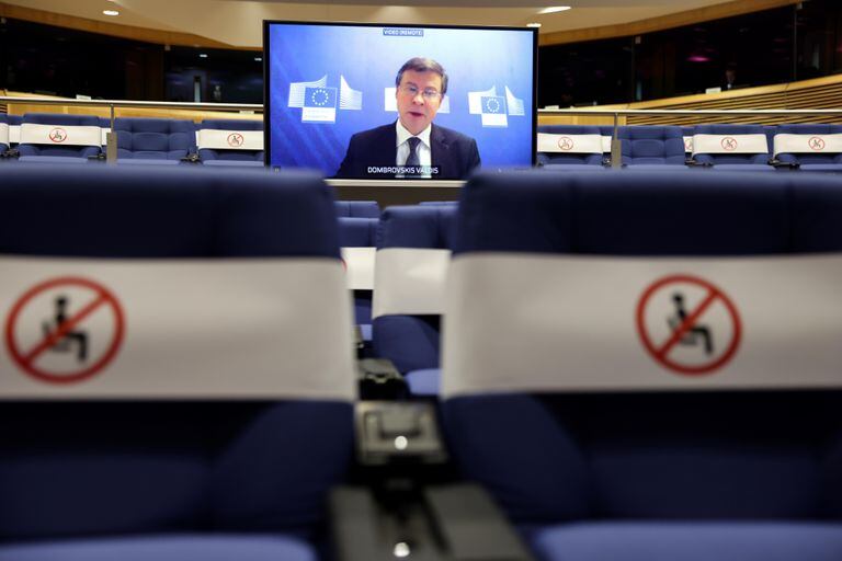 Valdis Dombrovskis, yesterday during his telematic intervention in Brussels.