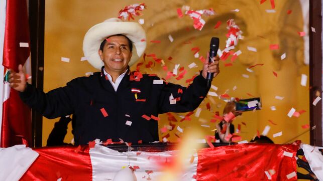 Peru's presidential candidate Pedro Castillo addresses supporters from the headquarters of the "Free Peru" party, in Lima, Peru June 8, 2021. REUTERS/Sebastian Castaneda