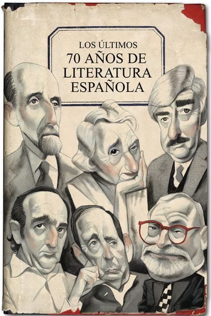 Juan Ramón Jiménez, María Zambrano, Juan Benet, Rafael Sánchez Ferlosio, Miguel Delibes y Fernando Savater en una ilustración de Fernando Vicente.
