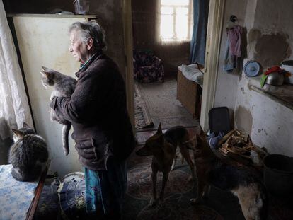 Natalia, vecina de Avdiivka en la región de Donetsk, se protege en el interior de su vivienda junto a sus mascotas, el pasado miércoles.