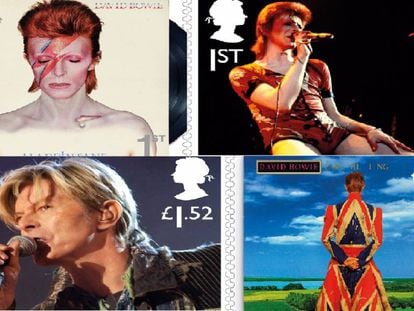 Sellos de la serie sobre David Bowie emitida por el servicio postal británico.