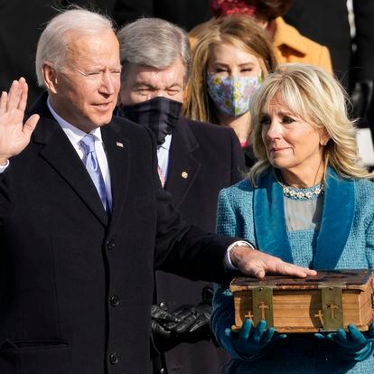Joe Biden is sworn in as the 46th president of the United States by Chief Justice John Roberts as Jill Biden holds the Bible during the 59th Presidential Inauguration at the U.S. Capitol in Washington, Wednesday, Jan. 20, 2021. (AP Photo/Andrew Harnik)