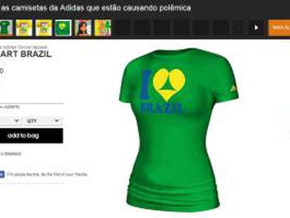 Captura de pantalla del sitio web de Adidas donde se ve una de las camisetas que Adidas diseñó con motivo del Mundial de Fútbol 2014 en Brasil y que ese país anunció este 25 de febrero, que exigirá retirar del mercado por incluir connotaciones sexuales.