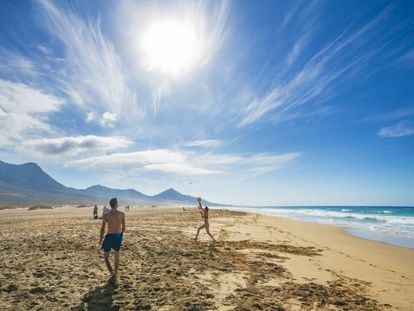 La playa del Cofete, un arenal de más de 12 kilómetros de largo, y, al fondo, el macizo montañoso de Jandía, al sur de Fuerteventura.