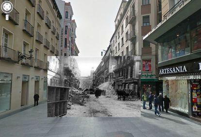 Horse and cart on calle Preciados, today a pedestrian shopping street