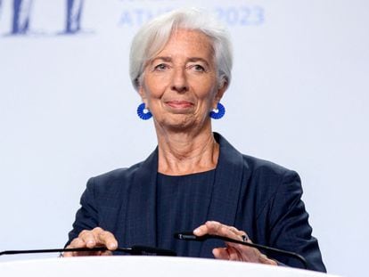 La presidenta del BCE, Christine Lagarde, durante la rueda de prensa en Atenas.