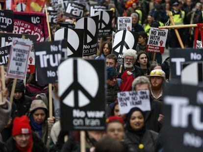 Manifestación contra la escalada bélica en Irán, este sábado en Londres.